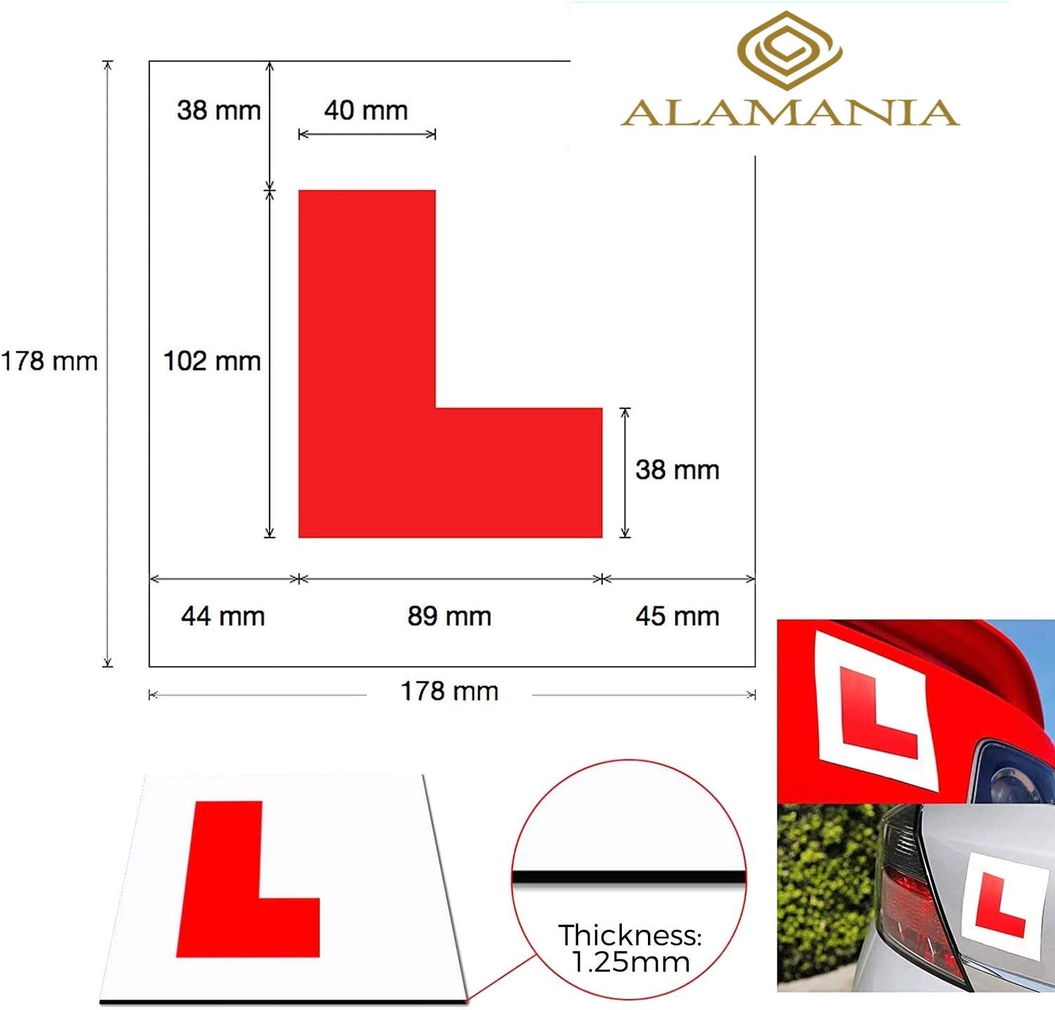 ALAMANIA Fully Magnetic Learner L Plates for New Drivers, L Stickers 2 Pack Extra Thick Strong Magnetic Plate - Non Scratch Vehicle Paint.