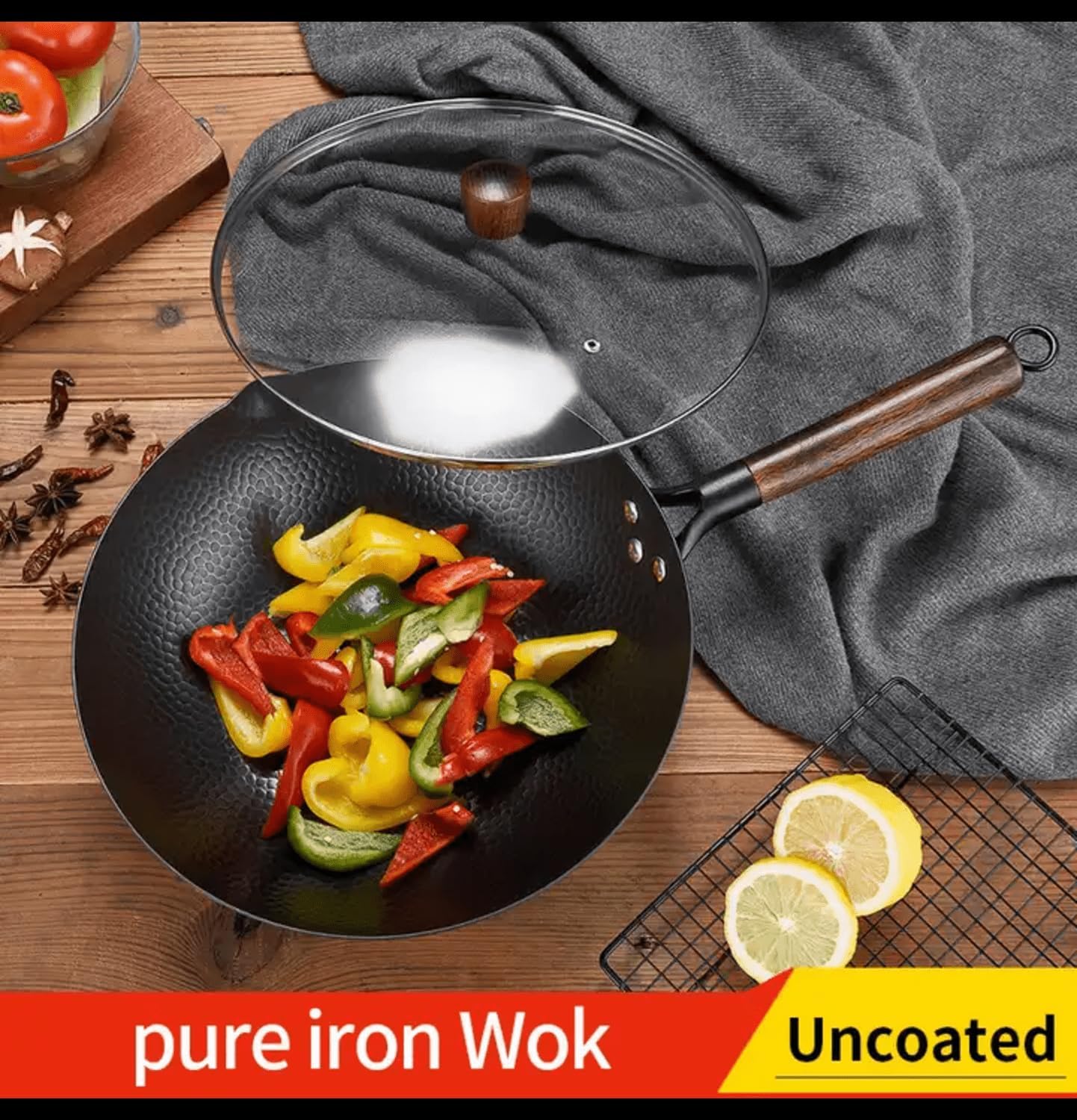 12-5 Inch Carbon Steel Wok Pan with Lids (1Glass+1Wood) & Spatula,8-pieces Woks & Stir-Fry Pans No Chemical Coated Pan.