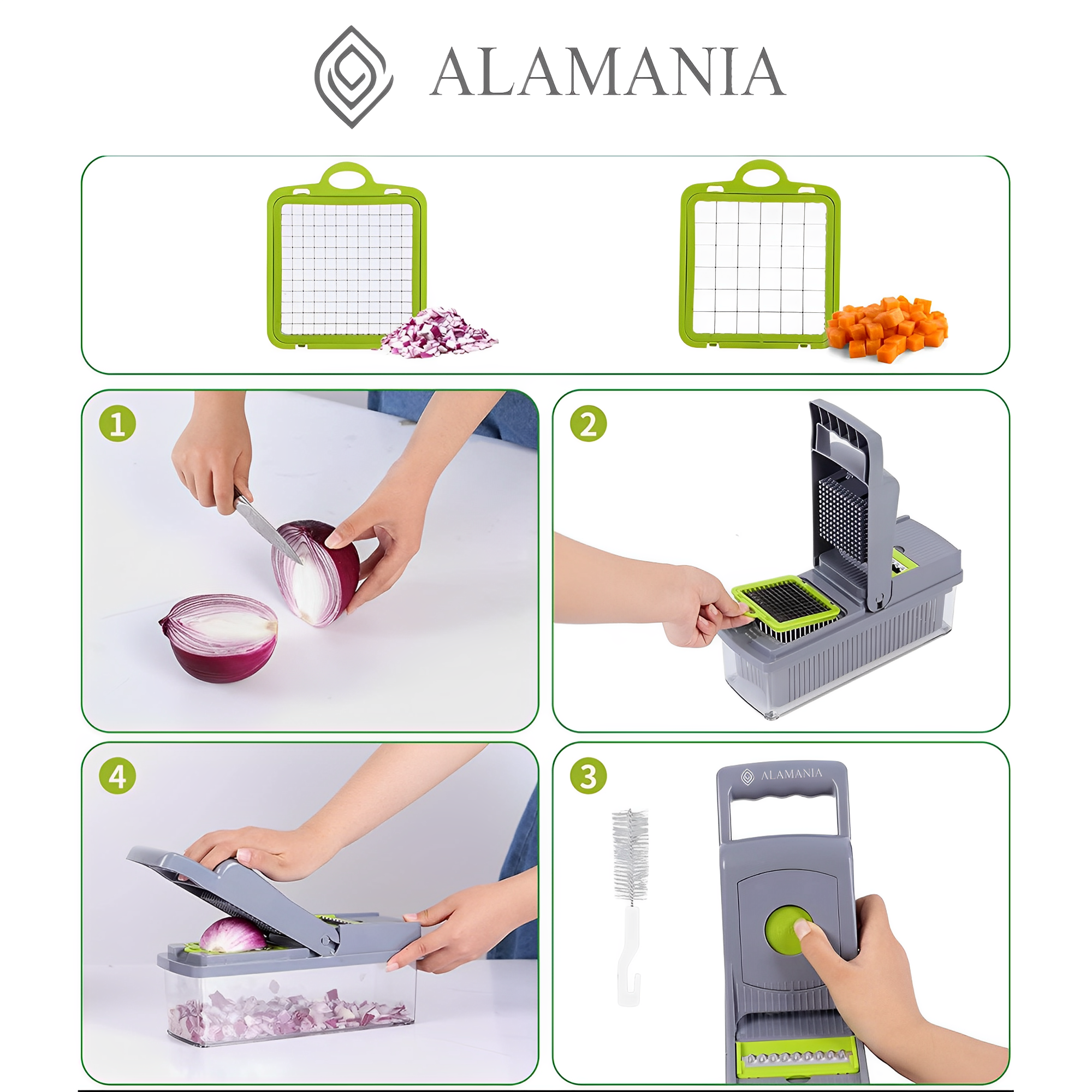 ALAMANIA Push Button Cleaner Advanced Vegetable Chopper, 14-in-1 Safe Chopper Vegetable Cutter, Onion Chopper,Veggie Chopper,Chopper,Food Chopper,Vegetable Slicer.